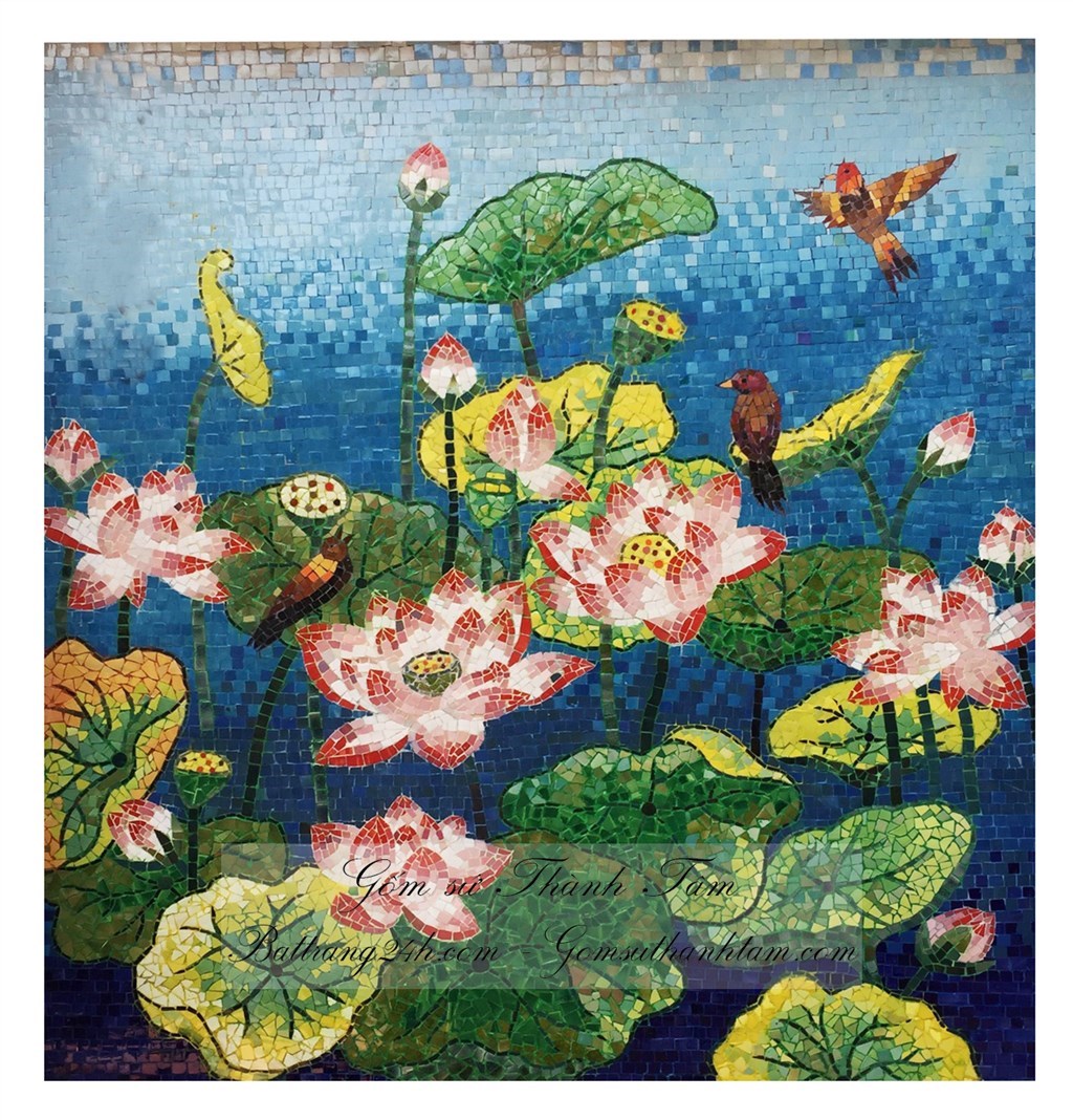 Bán tranh gạch gốm mosaic đẹp gắn tường cao cấp treo tường bền màu vĩnh cửu với thời gian cảnh hoa sen bền đẹp