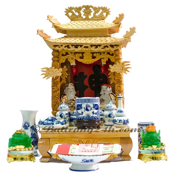 Bộ ban thờ cúng thần linh truyền thống đẹp, bộ bàn thờ men xanh vẽ rồng chầu mặt nguyệt