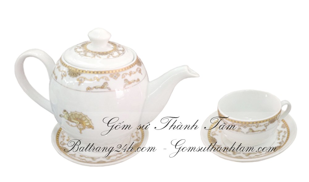 bộ ấm chén trà vàng kim in logo, bộ ấm chén trà sứ trắng cao cấp