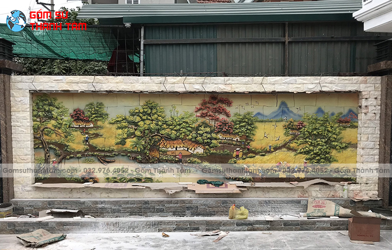 Mua tranh gốm đắp nổi gắn tường cảnh đồng quê gốm Bát Tràng họa tiết tỉ mỉ, bền màu