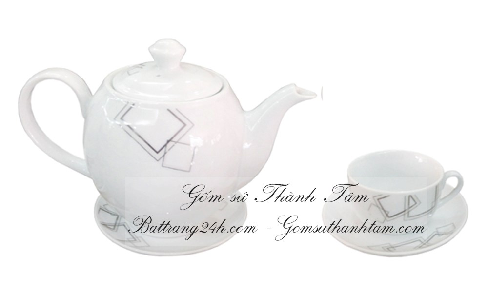bộ ấm trà đẹp gốm sứ bát tràng, bộ ấm trà trắng sang trọng in logo