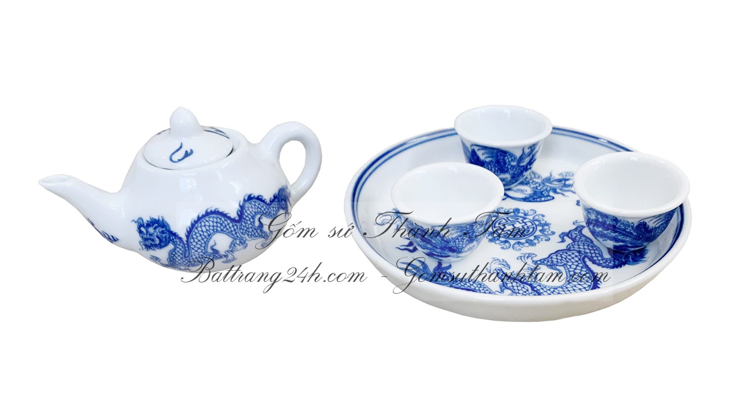 Bán bộ ấm chén uống trà mini đựng trà cúng bằng gốm sứ Bát Tràng men xanh vẽ rồng chầu mặt nguyệt đẹp mắt