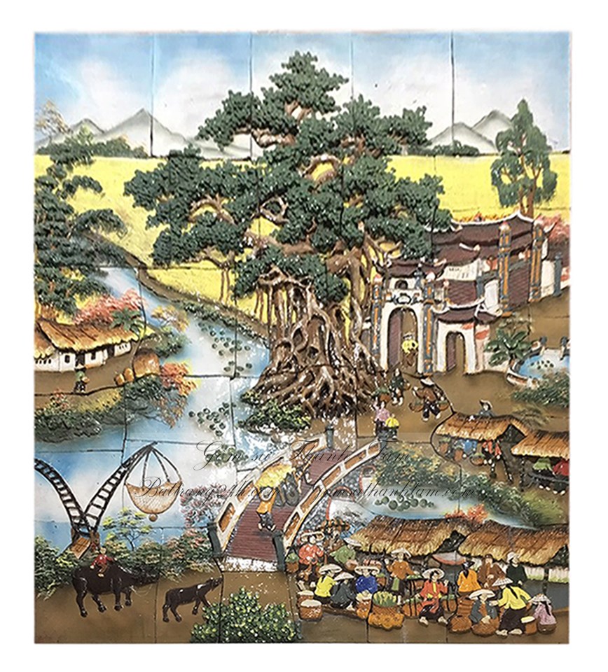 Bán tranh gốm sứ Bát Tràng nghệ thuật cảnh nông thôn ngày xưa của Việt Nam, tranh gốm trang trí cảnh sân vường giếng trời cao cấp