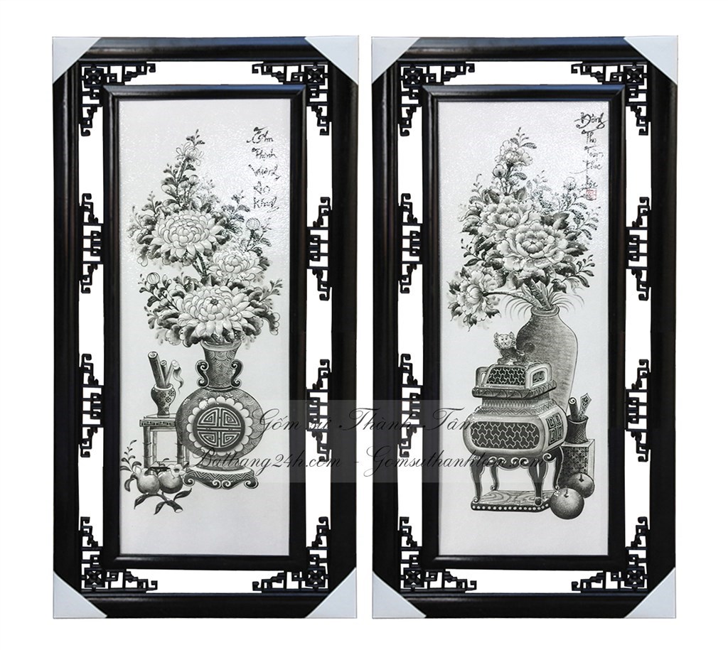 Bộ tranh gốm sứ Bát Tràng đẹp có khung đi kèm, tranh gốm sứ chất lượng màu đen trắng