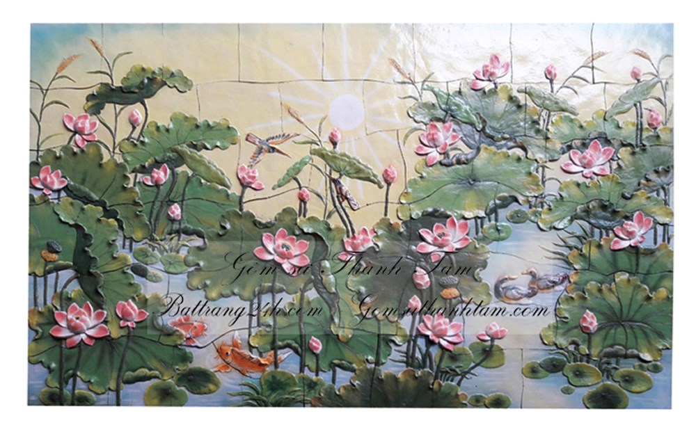 Mua tranh gốm sứ Bát Tràng đắp nổi ghép mảnh gắn trên tường ngoại thất sân vườn, tranh gốm cảnh hoa sen đẹp mắt