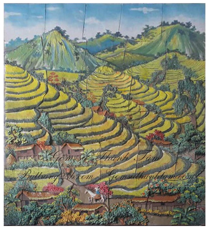 Tranh gốm sứ Bát Tràng cảnh ruộng bậc thang đẹp mắt, tranh gốm cảnh Việt Nam ấn tượng